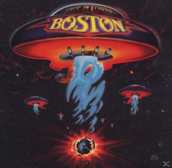 Albumcover: 'Boston'. Raumschiff mit Boston-Logo, mit kleineren Raumschiffen. Sternenhimmel im Hintergrund.