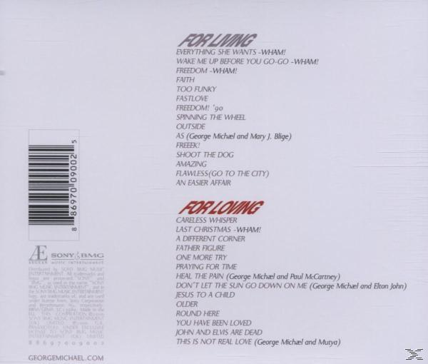 Album hátlapja számlistával és szöveggel George Michael-ről. Főleg fehér, piros szöveggel.