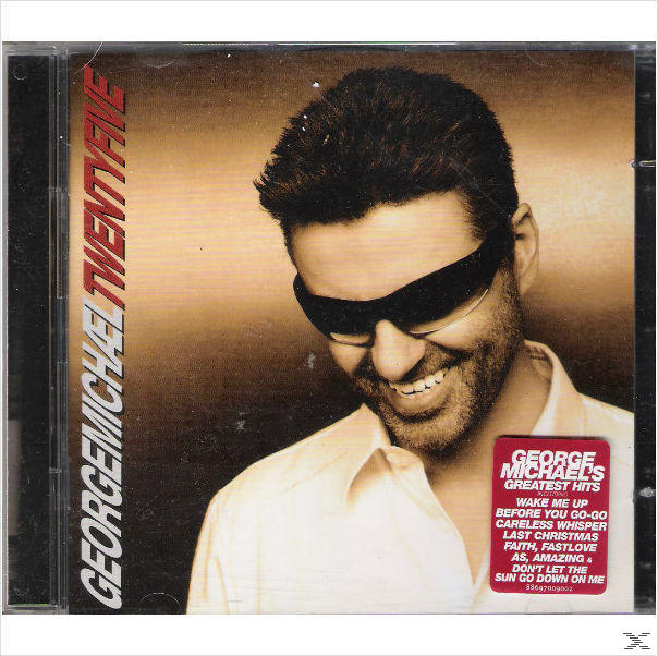 George Michael album borító. Mosolyog, napszemüveget visel. Az album neve és a számlista a borítón.