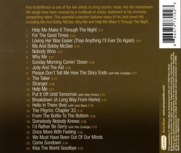 CD hátlap, Kris Kristofferson számlista, fehér szöveg barna háttéren és vonalkód.