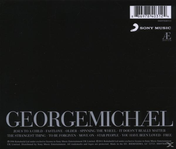 CD hátlap George Michael albumának számlistájával. Sony Music logó és szerzői jogi adatok láthatók.