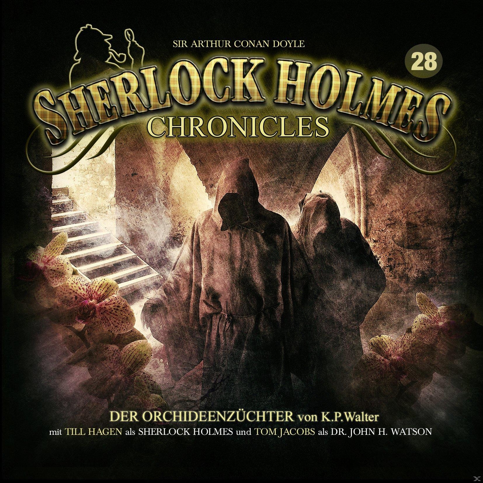 Buchcover. Sherlock Holmes Chronicles. Zwei Kapuzenfiguren und Treppe, Blumen im Vordergrund.