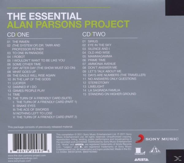 Albumcover für 'The Essential Alan Parsons Project'. Titelliste mit Songs wie 'Sirius' und 'Eye in the Sky'.