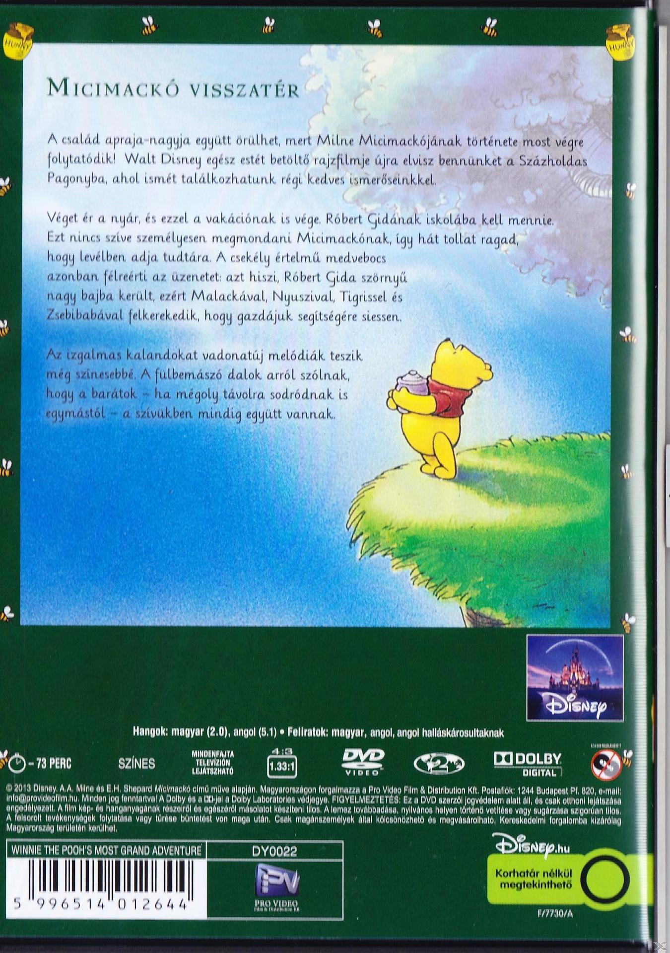 DVD borító: Micimackó és barátai egy zöld dombon. A szöveg magyarul van.
