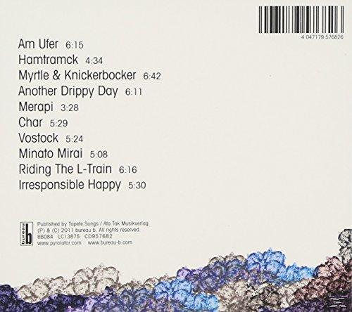 CD-Rückseite mit Titelliste und Credits. Text: Am Ufer, Hamtramck, Myrtle & Knickerbocker, Another Drippy Day usw.