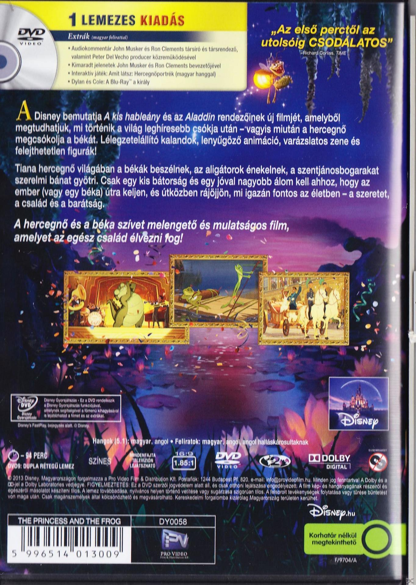 A hercegnő és a béka DVD borítója, filmkockákkal és magyar szöveggel.