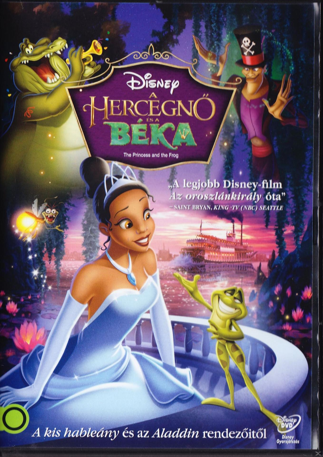DVD borító: A hercegnő és a béka. Tiana és a béka, más animált karakterekkel, kék borítón.