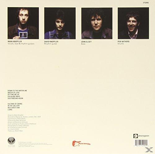 Rückseite eines Dire Straits Albums mit Bandfotos und Songtiteln.