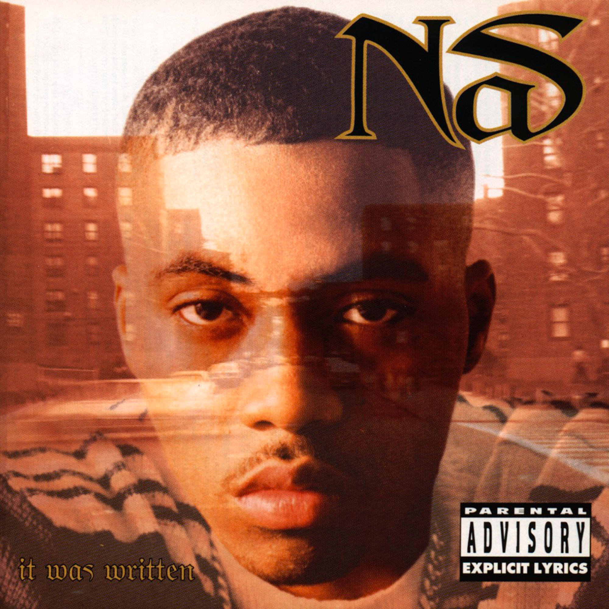 Album borító: Nas portréja 'Nas' és 'It Was Written' felirattal, a háttérben város.