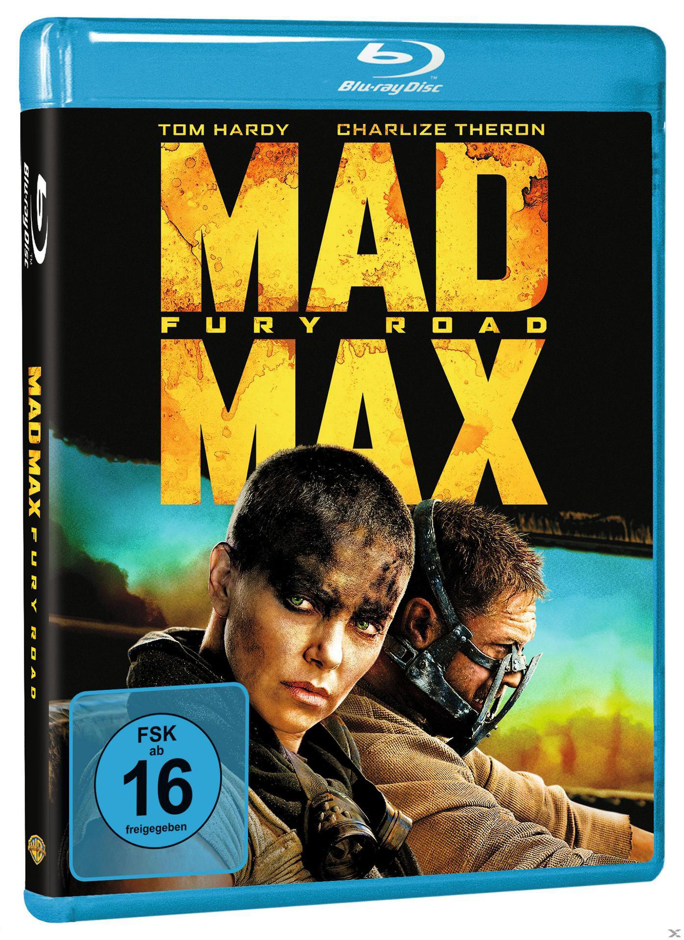 Mad Max Fury Road Blu-ray-Cover. Die Schauspieler Tom Hardy und Charlize Theron sind zu sehen. Der Titel ist fett gedruckt.