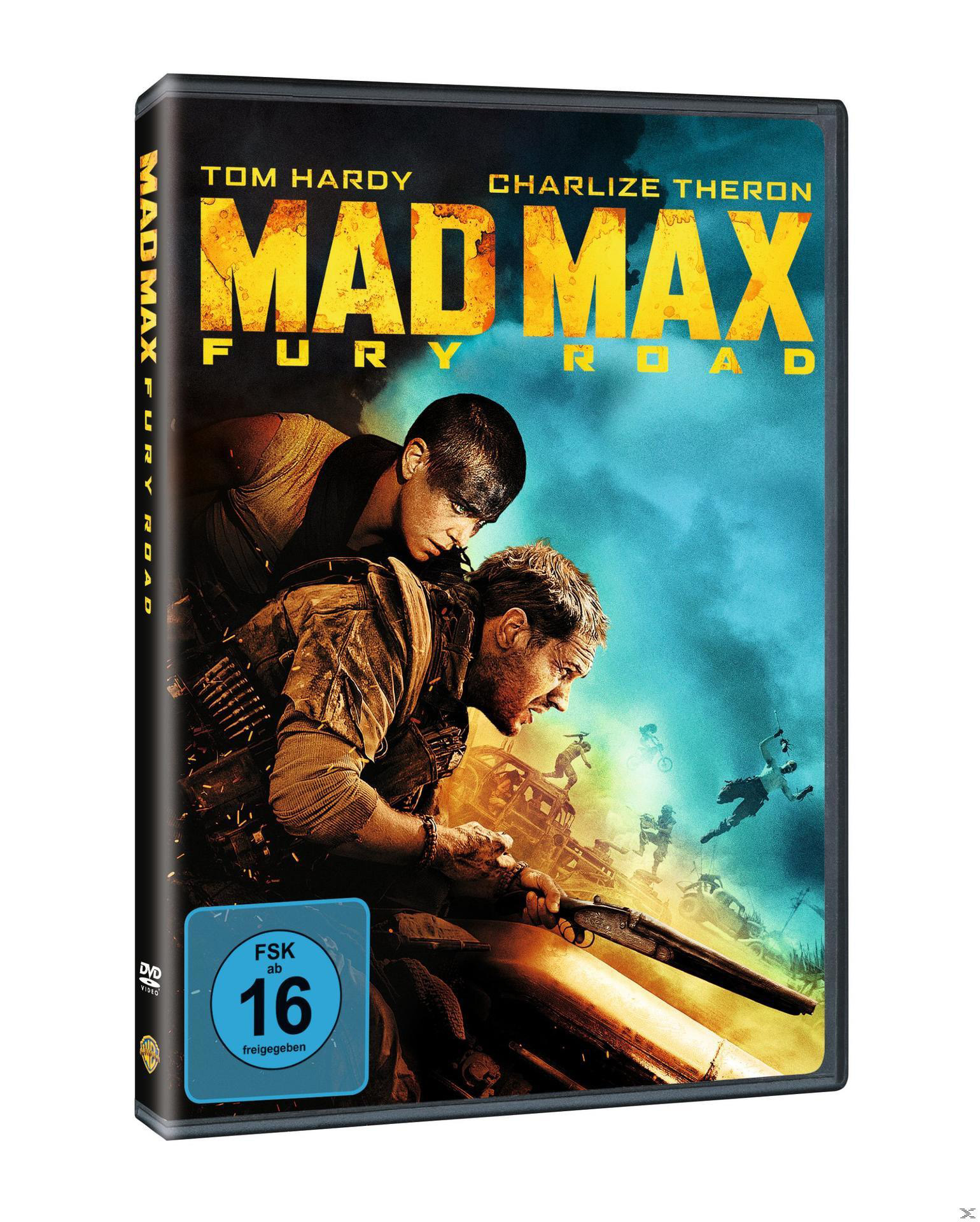 DVD-Cover. Tom Hardy und Charlize Theron in Mad Max: Fury Road. Explosive Actionszene mit einer Waffe.