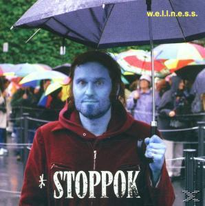 Albumcover. Ein Mann mit blauer Haut hält einen Regenschirm. Text enthält "STOPPOK" und "w.e.l.l.n.e.s.s."