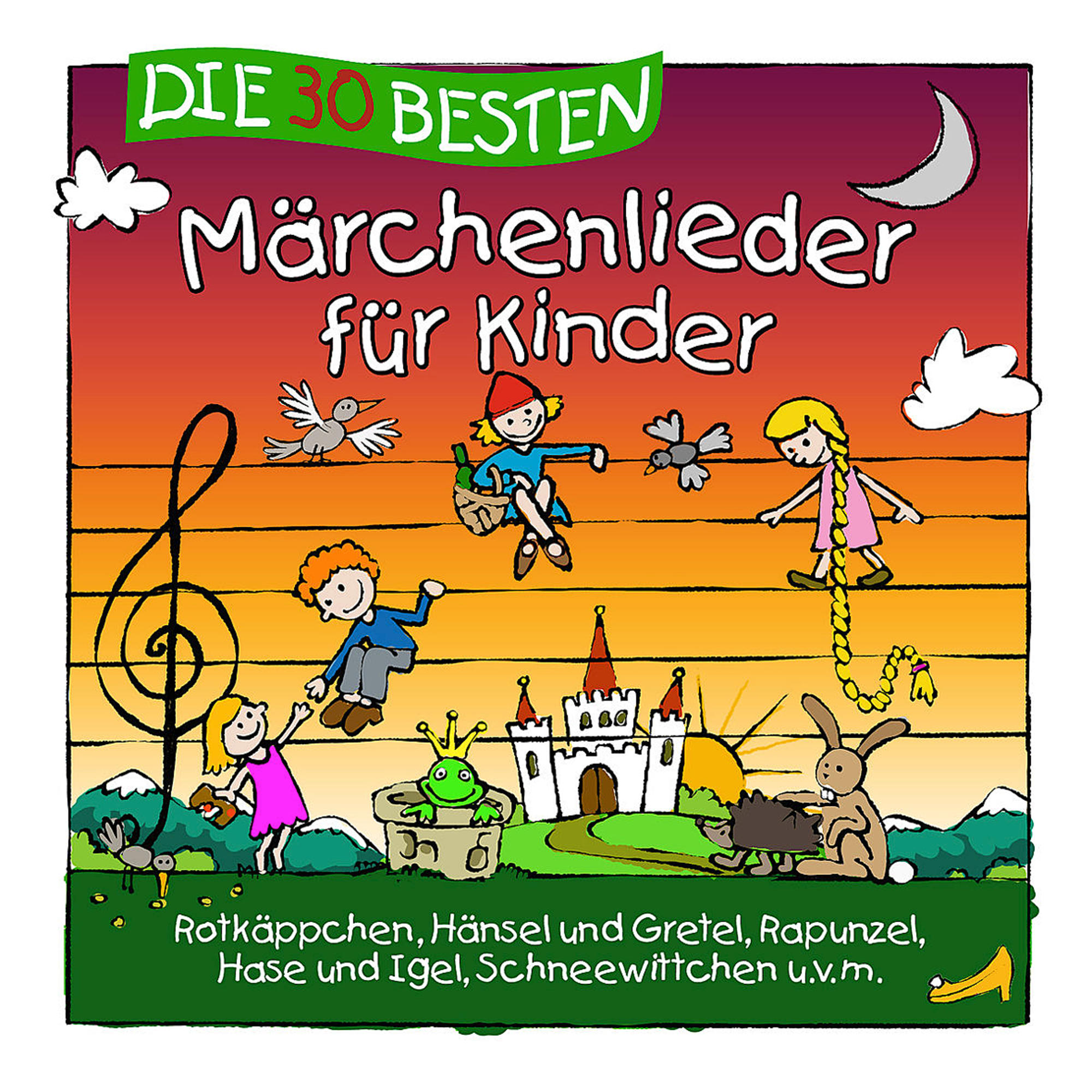 Albumcover, Die 30 Besten Märchenlieder für Kinder. Cartoon-Illustration, verschiedene Märchenfiguren.