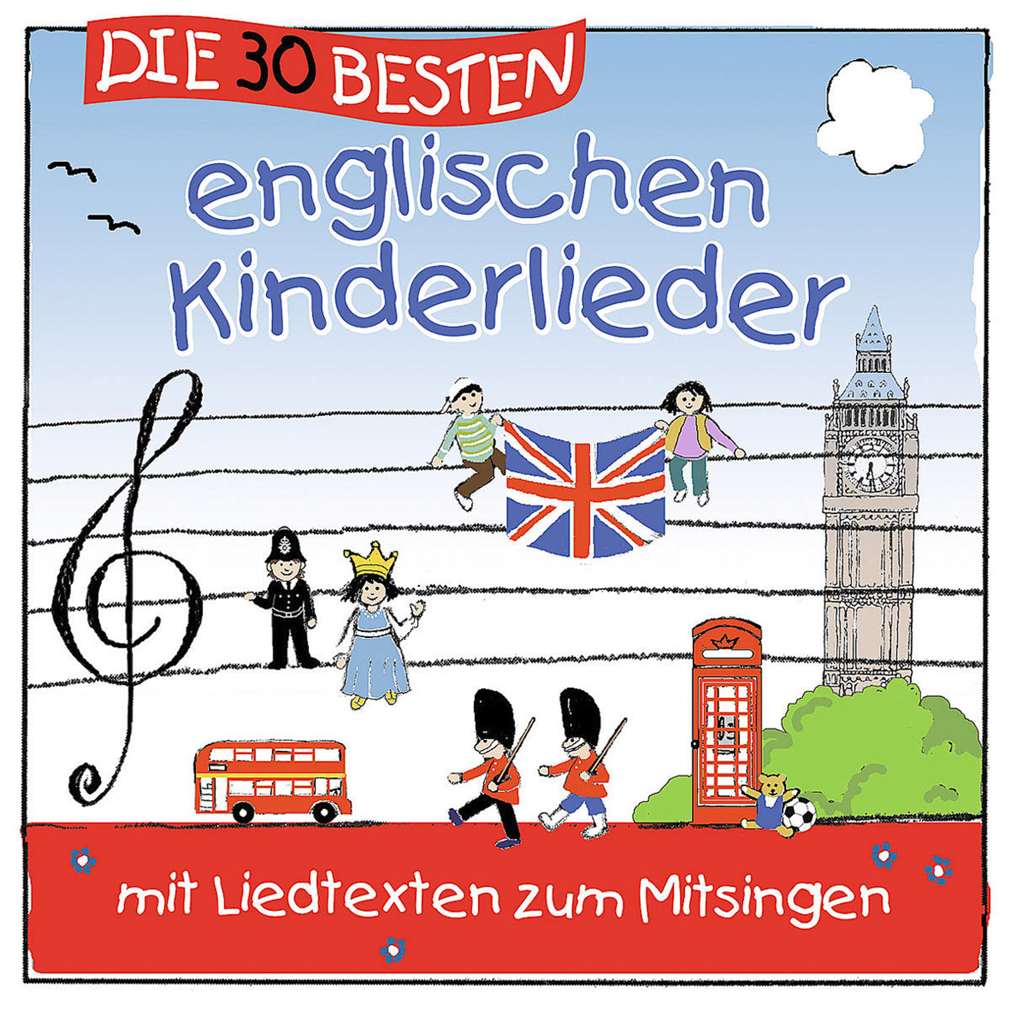 Cover eines Kinderlieder-Albums mit Illustrationen von Personen, einem Bus und der Flagge des Vereinigten Königreichs.