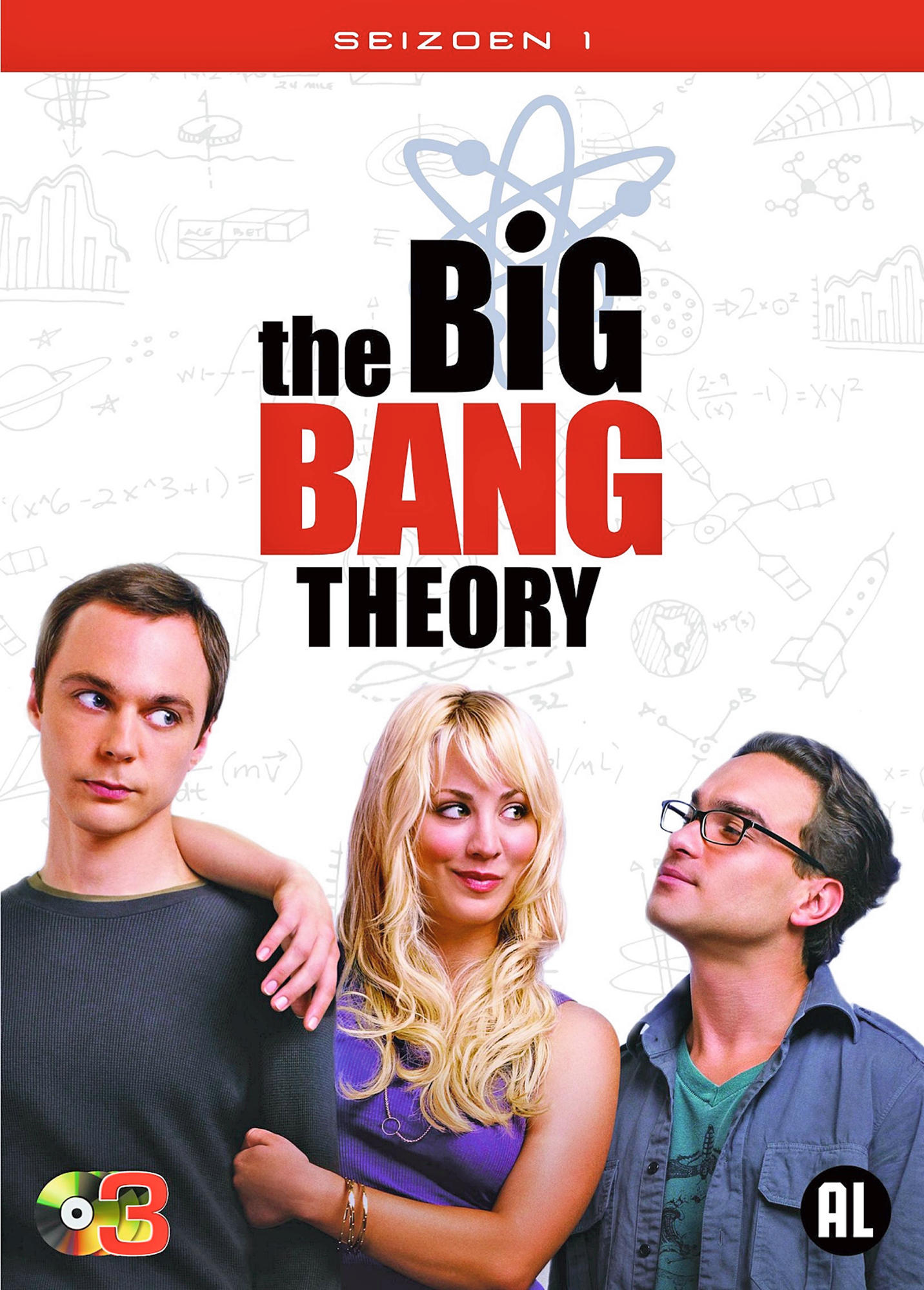 DVD-hoes van The Big Bang Theory met drie acteurs en de titel van de show.