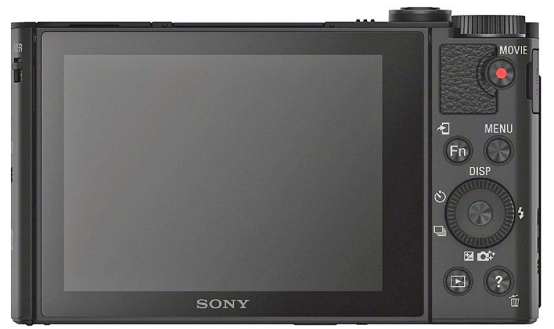 Parte trasera de cámara Sony negra con pantalla y botones. Incluye pantalla, menú y botón de grabación.