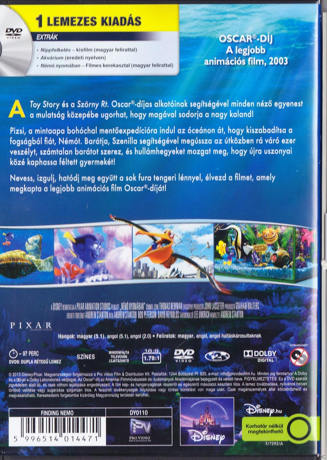 DVD hátlap: Némó nyomában, animált jelenet halakkal, szöveggel, Disney logóval.