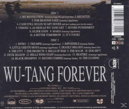 Das CD-Cover zeigt das Wu-Tang Clan-Album 'Wu-Tang Forever' mit Songtiteln auf schwarzem Hintergrund.