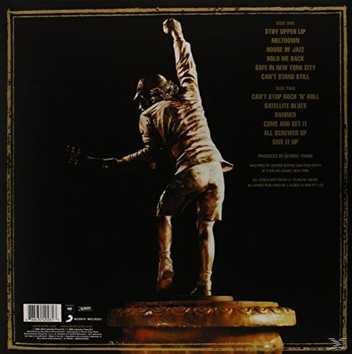 Albumcover-Kunst, Statue eines Mannes mit Gitarre und Text.