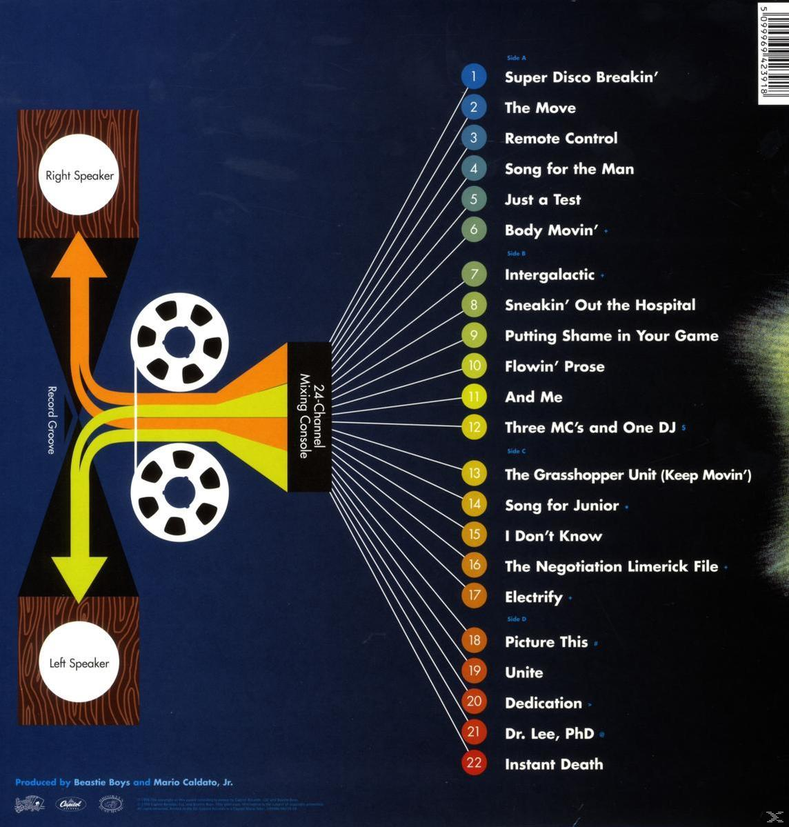 Albumcover mit Titelliste. Zwei Lautsprecher, Mischpult, Spulen und Linien. Schwarze, orange und gelbe Farben.