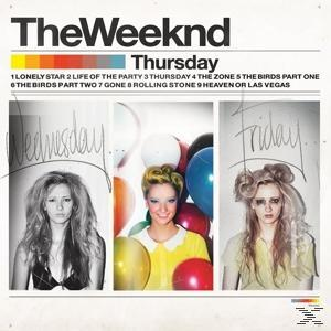 The Weeknd Albumcover mit drei Porträts einer Frau und Titelliste. Bunte Balken oben.