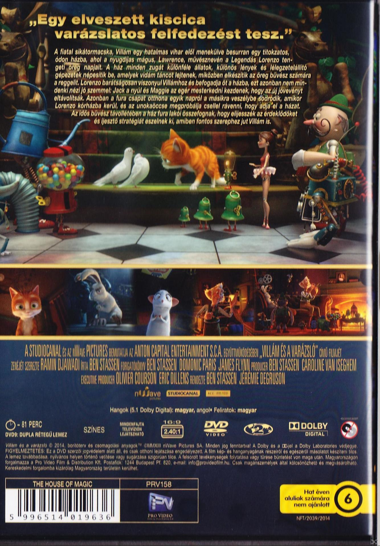 'The House of Magic' film hátlapja, rajzfilmfigurák, többnyelvű feliratok.