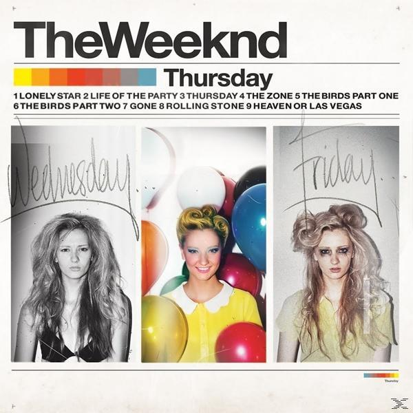 Albumcover: Drei Frauen mit unterschiedlichen Frisuren und Luftballons. Text: The Weeknd, Donnerstag, mit Songtiteln.
