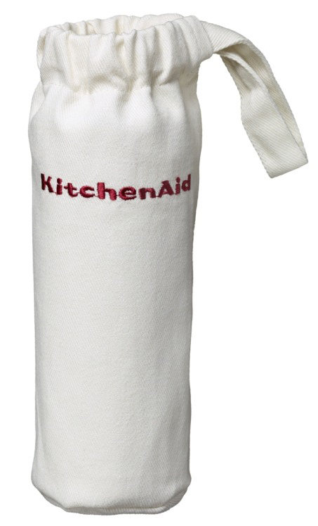 Witte KitchenAid flessenhouder met rood KitchenAid logo.