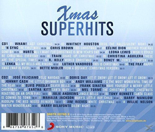 CD-Cover mit dem Text 'Xmas SUPERHITS' und einer Titelliste. Darunter eine Liste von Songtiteln.