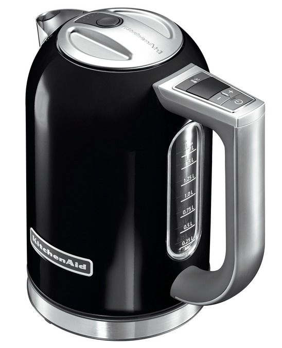Black KitchenAid electric kettle with a silver handle and a water level indicator.