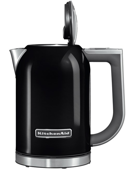 Black KitchenAid electric kettle with the lid open on a white background.