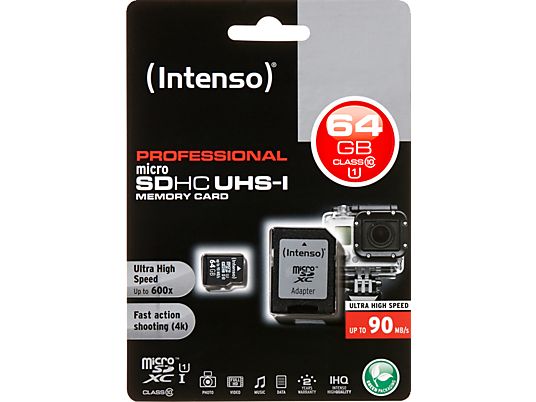 INTENSO Micro-SD - Carte mémoire  (64 GB, 90 MB/s, Noir)