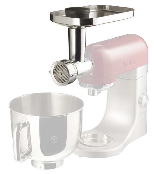 A kitchen mixer with a meat grinder attachment, and a metal bowl.
