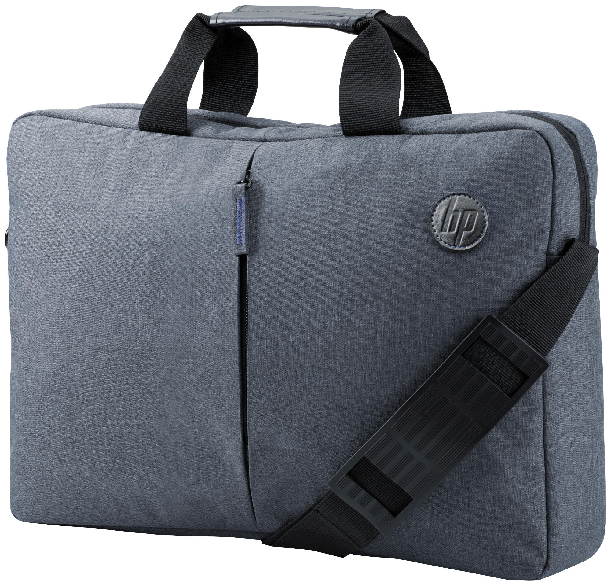 Gri bir HP dizüstü bilgisayar çantası, bir sap ve bir omuz askısı ile. HP logosu görünür. Siyah fermuar.