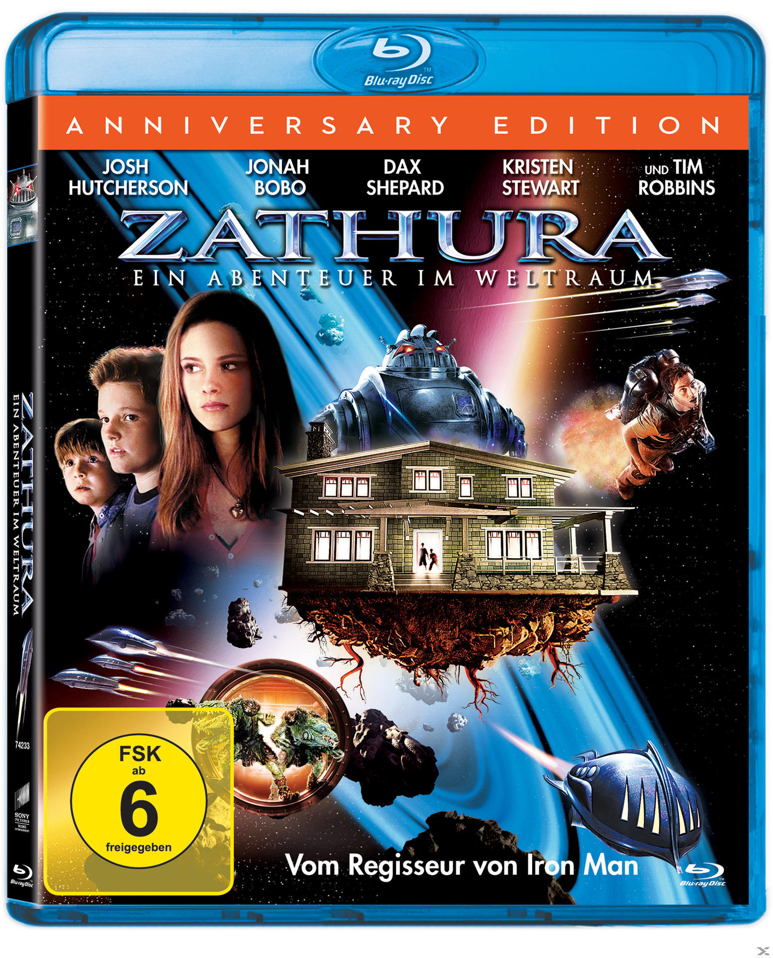 Zathura-Filmcover. Zeigt Schauspieler und eine Weltraum-Illustration mit einem Haus.