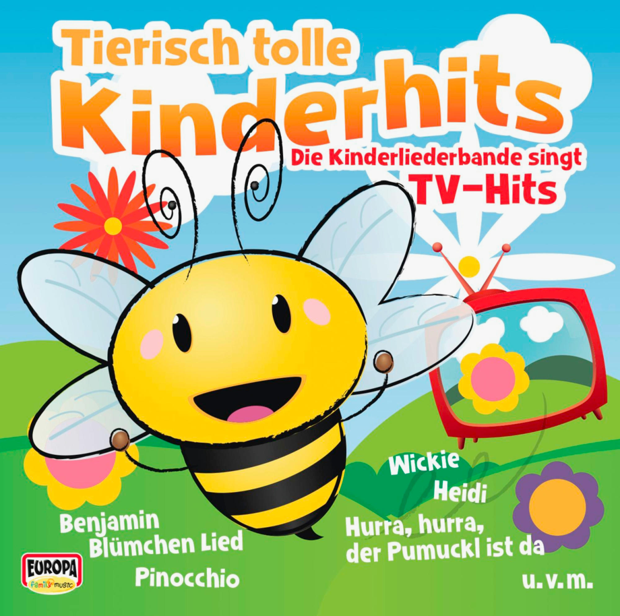 Albumcover. Eine Cartoon-Biene mit Flügeln. Titel: Tierisch tolle Kinderhits. Andere Charaktere: Heidi, Benjamin, Pinocchio.