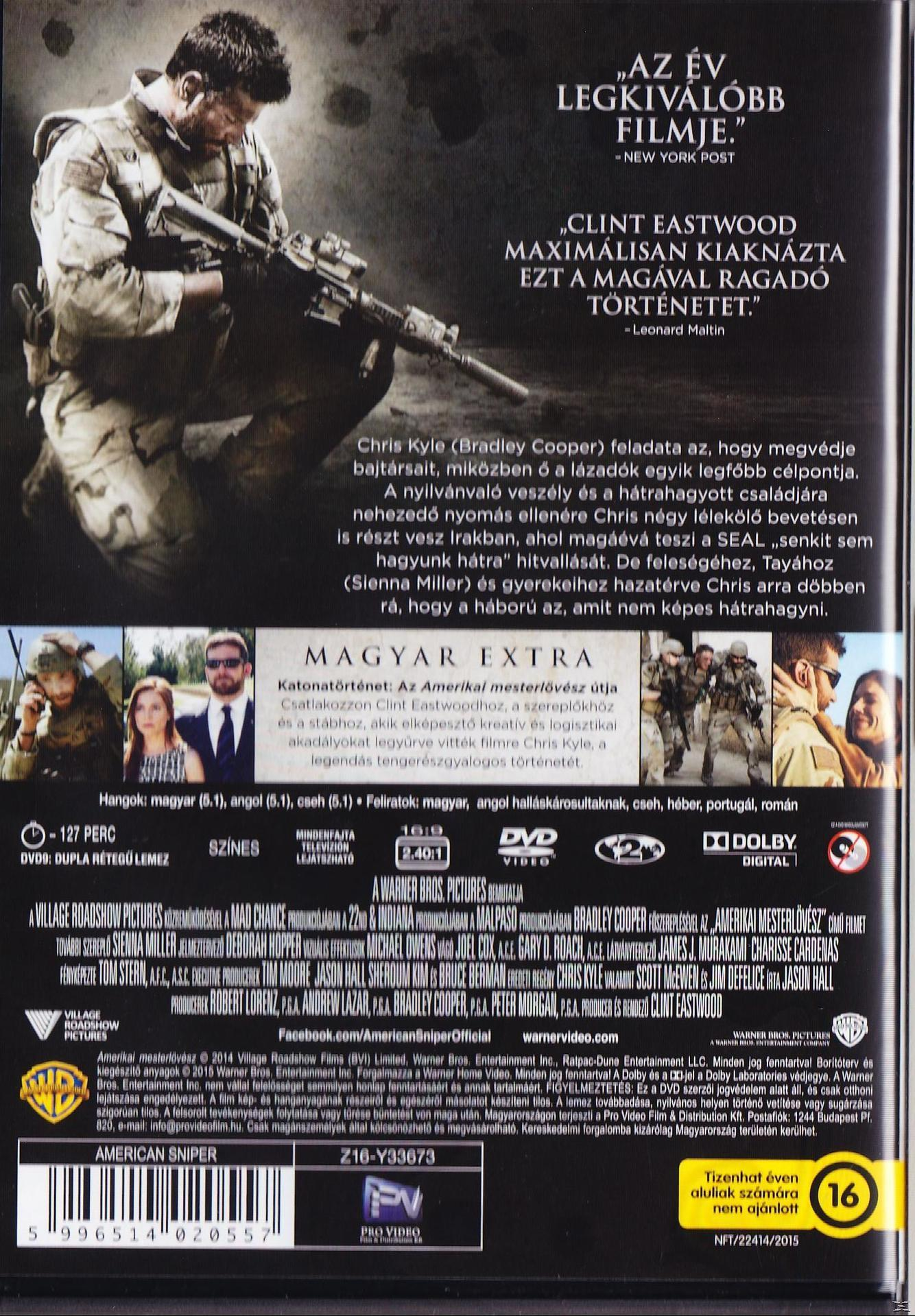 Az Amerikai mesterlövész DVD borítója. Egy katonát ábrázol puskával, szöveggel és képekkel.