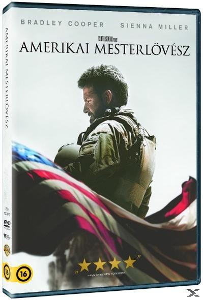 Az „Amerikai mesterlövész” című film DVD borítója. Egy zászlóval rendelkező férfit ábrázol.