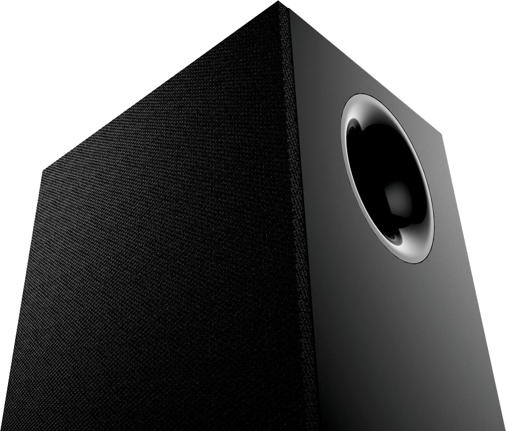 Black subwoofer with a rounded port on the right side, dark background.