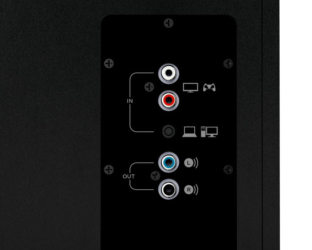Black panel with audio input/output ports. Ports labeled: IN (RCA), OUT (L/R). Icons for PC, TV, and laptop.