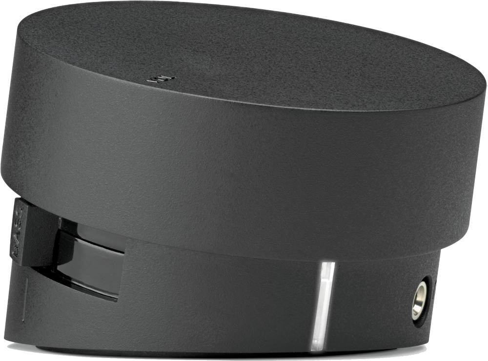 Black audio device. A black cylindrical device with a power button and a small port.