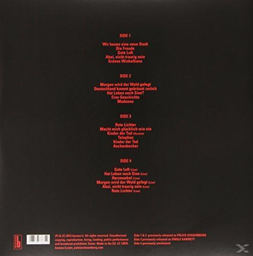 Albumcover mit rotem und schwarzem Hintergrund. Die Titelliste ist rot.