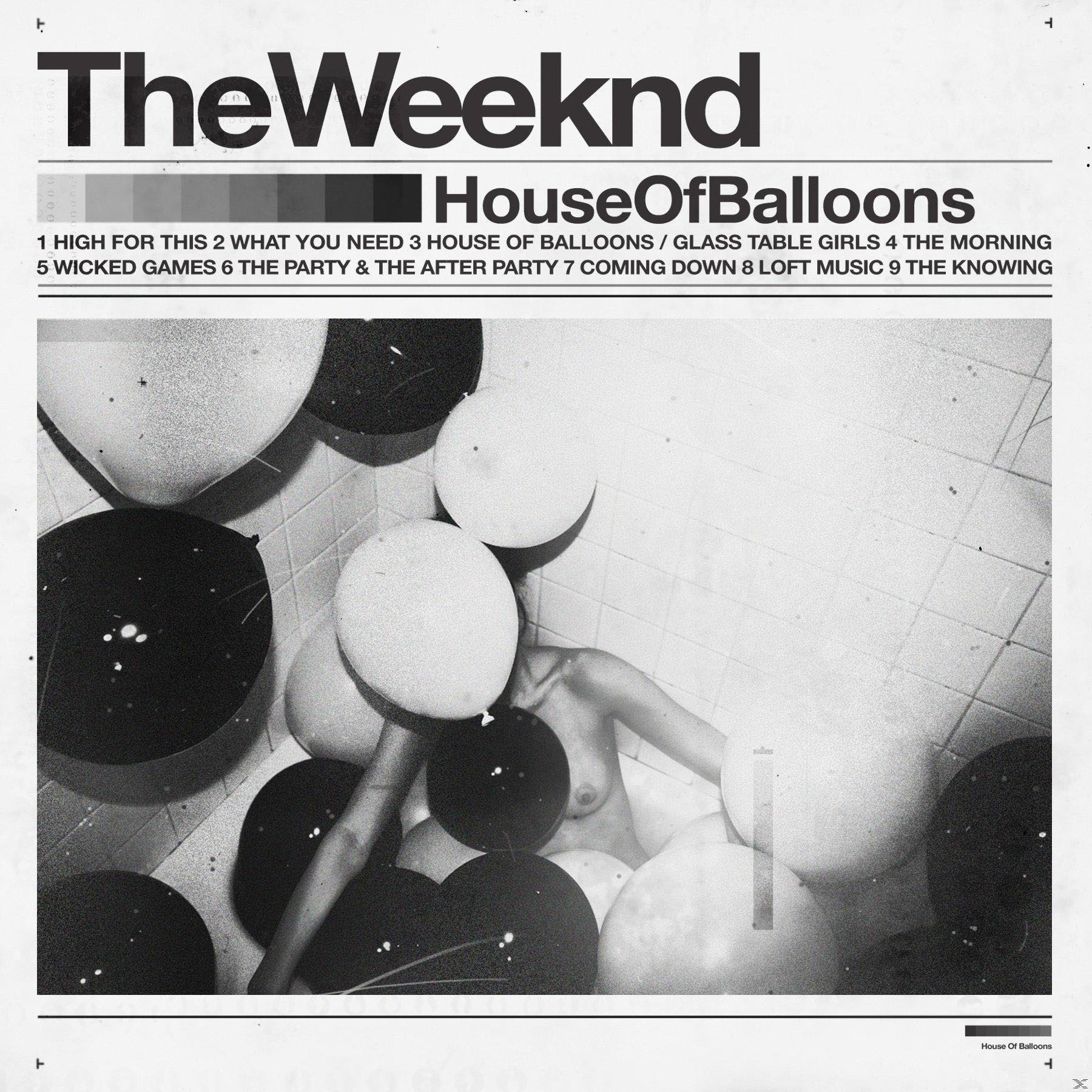 Albumcover mit dem Text 'The Weeknd'. Eine Person befindet sich in einer Badewanne mit Ballons.