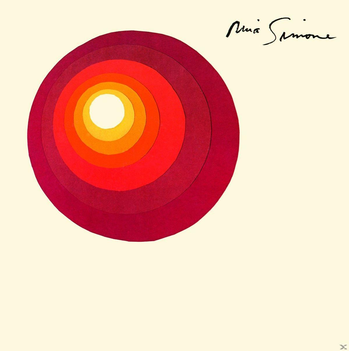 Absztrakt művészet: koncentrikus körök piros, narancs és sárga színekben, Nina Simone aláírás.