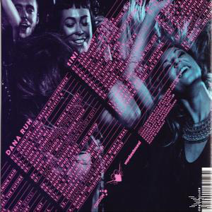 Albumcover mit verschiedenen Gesichtern und Texten, die wie eine Collage auf lila Hintergrund aussehen.