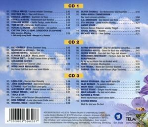 CD-Rückseite, 3 Spalten mit Titellisten, mit blauem Himmel-Hintergrund und lila Blumen.