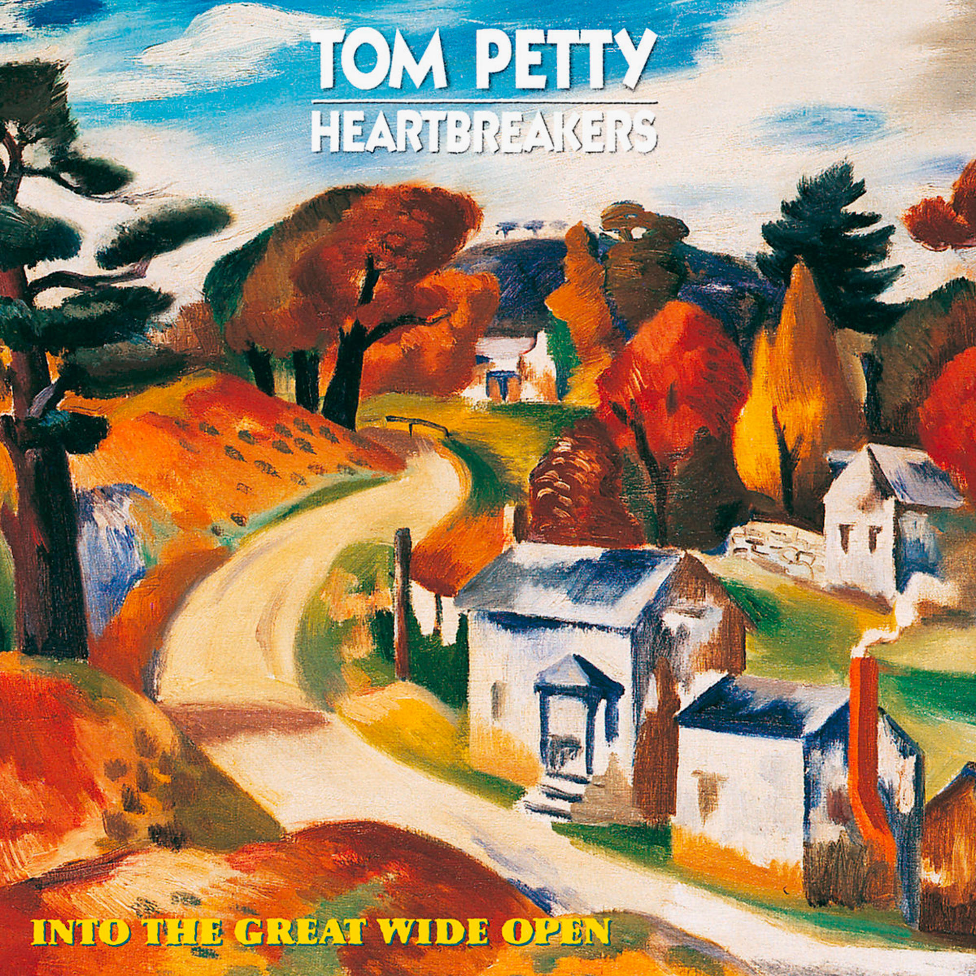 Albumcover mit einem ländlichen Landschaftsgemälde, das eine Straße und Häuser zeigt. Der Text lautet 'Into The Great Wide Open'.