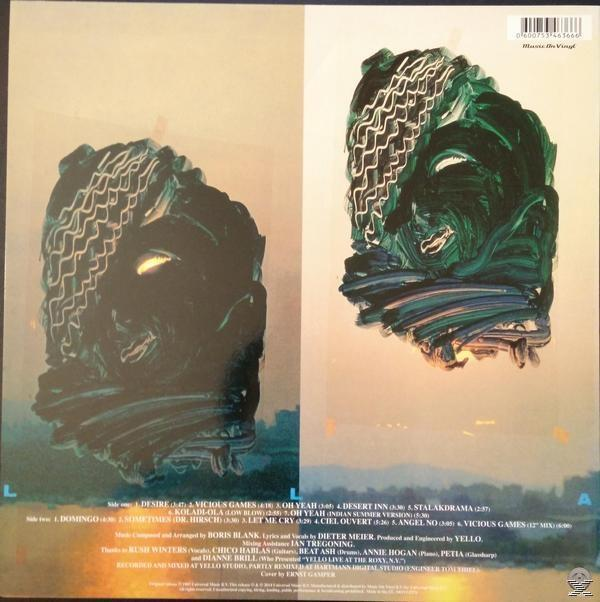 Albumcover. Rückansicht. Abstrakte Kunst in Grün und Blau. Titelliste und Text.