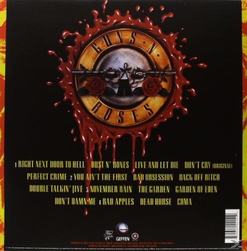 Rückseite eines Guns N' Roses Albums mit Totenkopf- und Rosenlogo, Trackliste und rotem Blutspritzer.