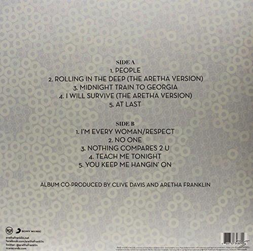 Aretha Franklin album hátlapja. Dalsorok listázva, A és B oldal. Világosszürke háttér.